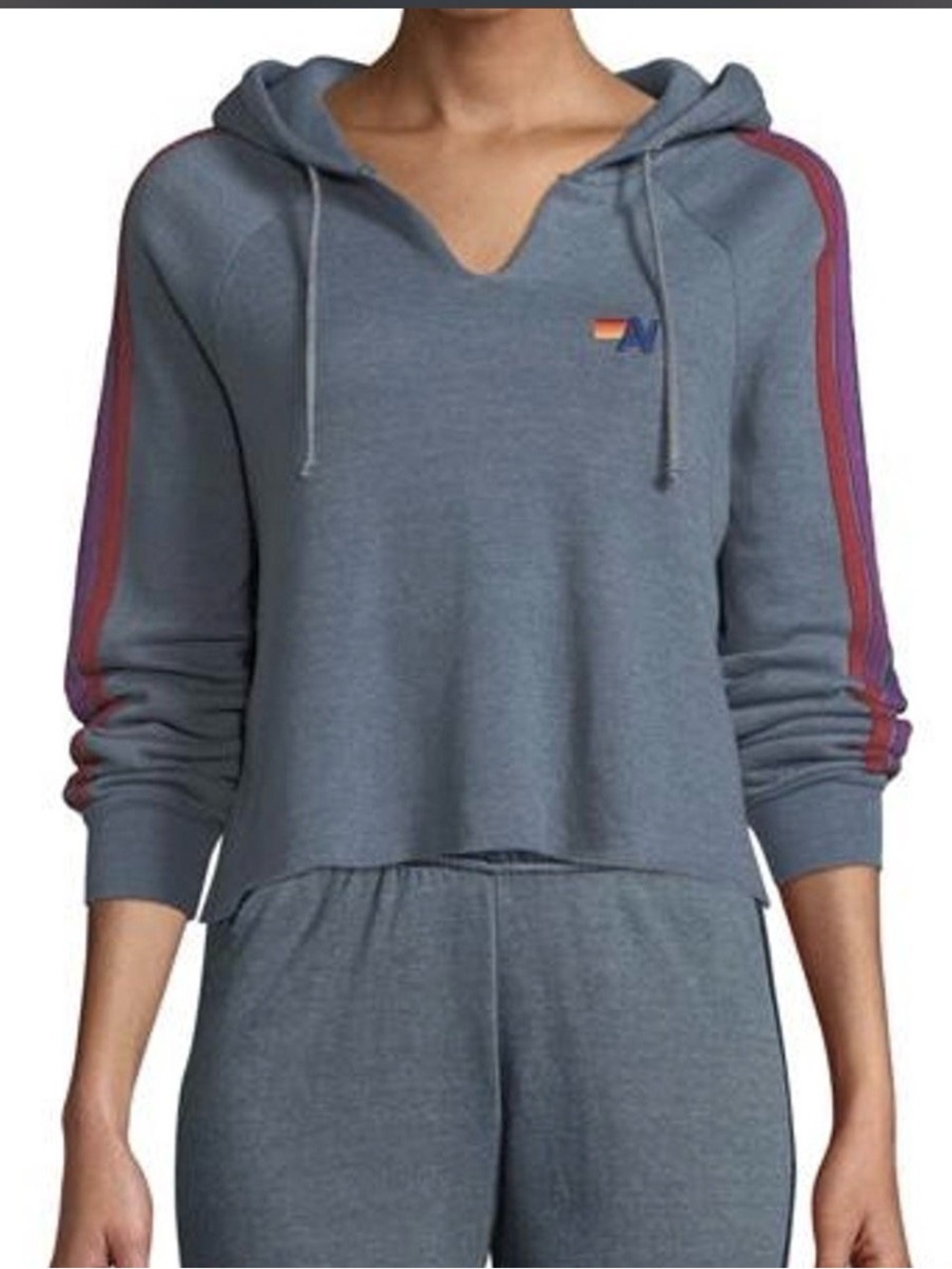 Aviator Nation Gray Cropped Hoodie with Red and Purple Stripe Detail